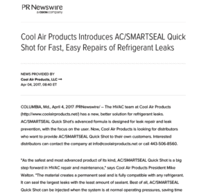 Press Release - Cool Air Products Introduces AC/SMARTSEAL Quick Shot